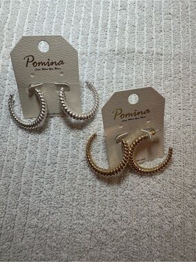 $12 or 3/$30! Twisted C-Hoop Earrings, two pair, Gold and Silver
